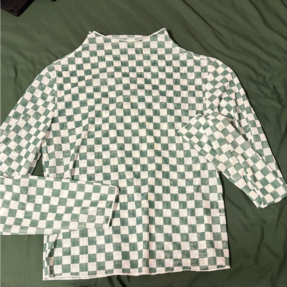 SHEIN Green and White Checkered Long Sleeve Top